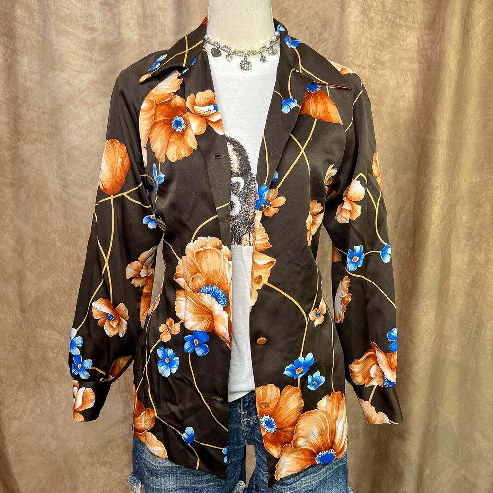 Vintage 70s Floral Shirt Top Multicolor Button Up Retro Disco Hippie Halloween